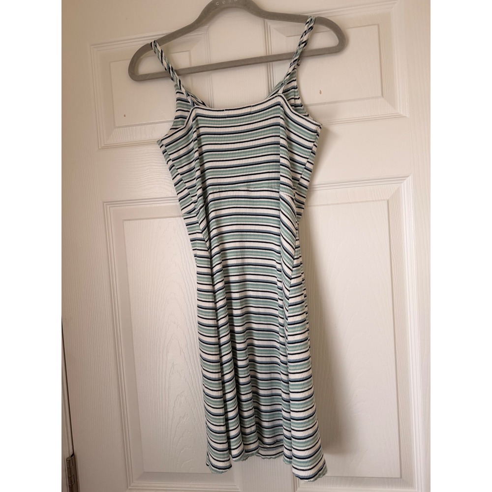 Altar'd State Striped Ribbed Knit Cinch Bust Mini Dress Blue Green White Medium - Picture 4 of 4